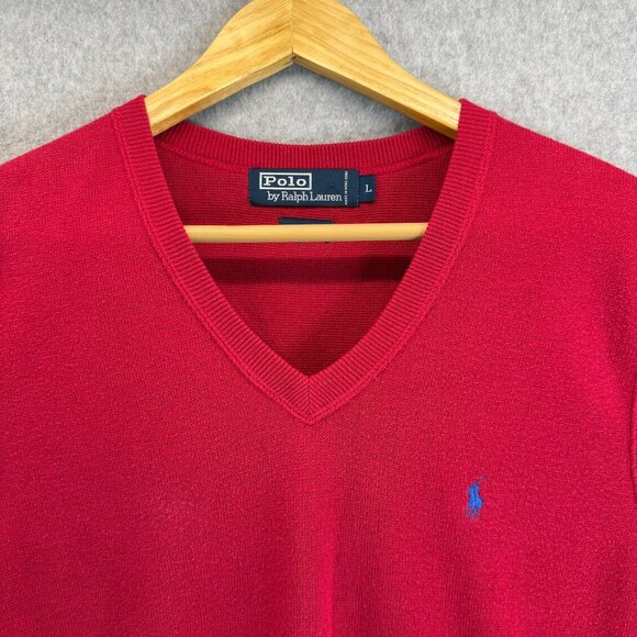 POLO by Ralph Lauren Y2K Mens Red Sweater Vest V-Neck Blue Pony Logo Size Large - Picture 3 of 13